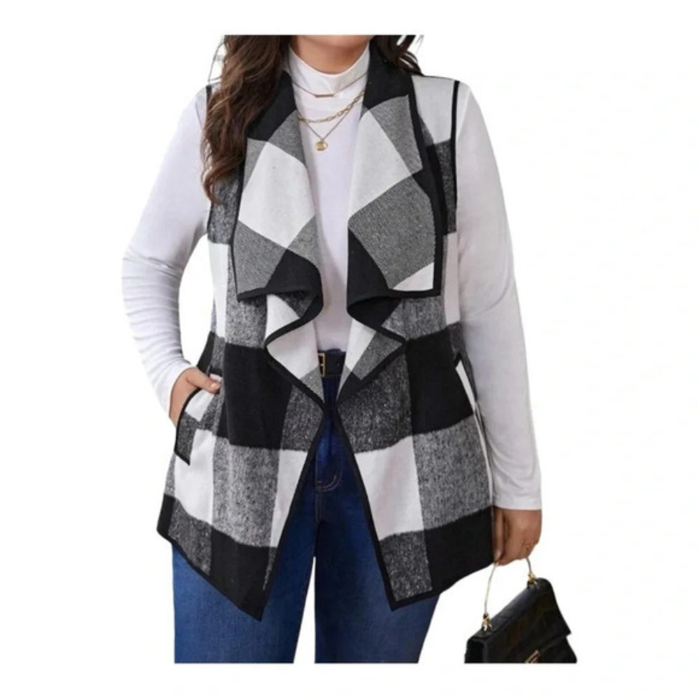 Buffalo Plaid Draped Open‎ Front Vest Womens Plus Size Black White Gray Cozy